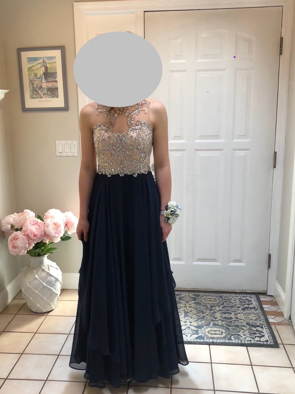 Navy & Champagne Beaded Halter Prom Dress